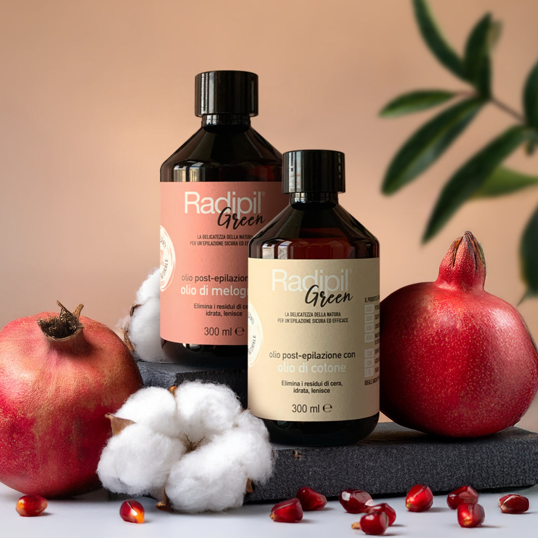 prodotti RADIPIL GREEN di tmt su sfondo con melograni e cotone