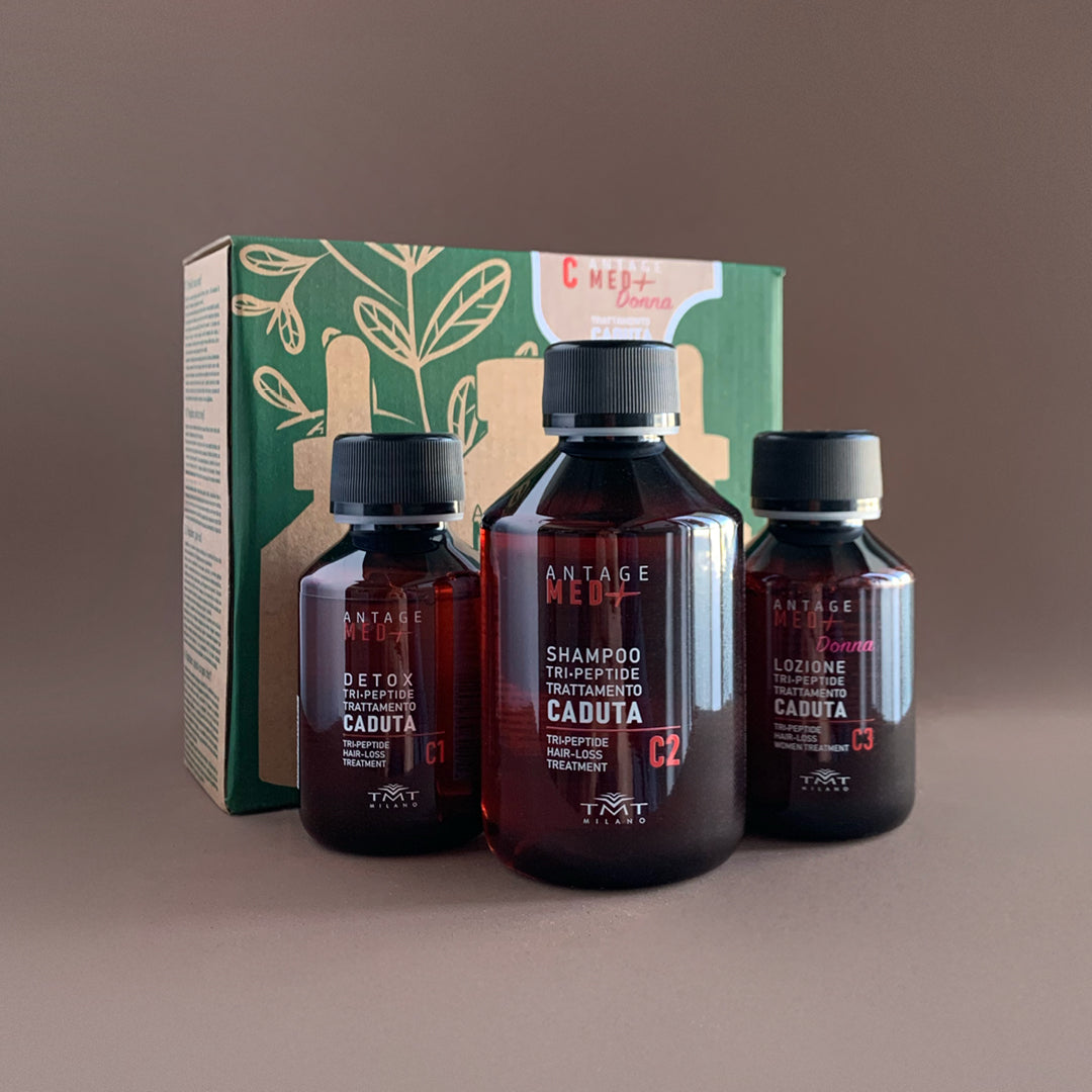 prodotti antage di tmt su sfondo neutro grigio. I prodotti sono su flacone ambra e sono la fase C1, C2, C3 con la loro scatola