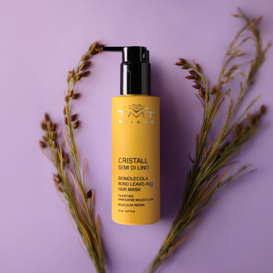 Prodotto Tmt Leave - in riparazione molecolare con sfondo neutro viola con a destra e sinistra la spiga