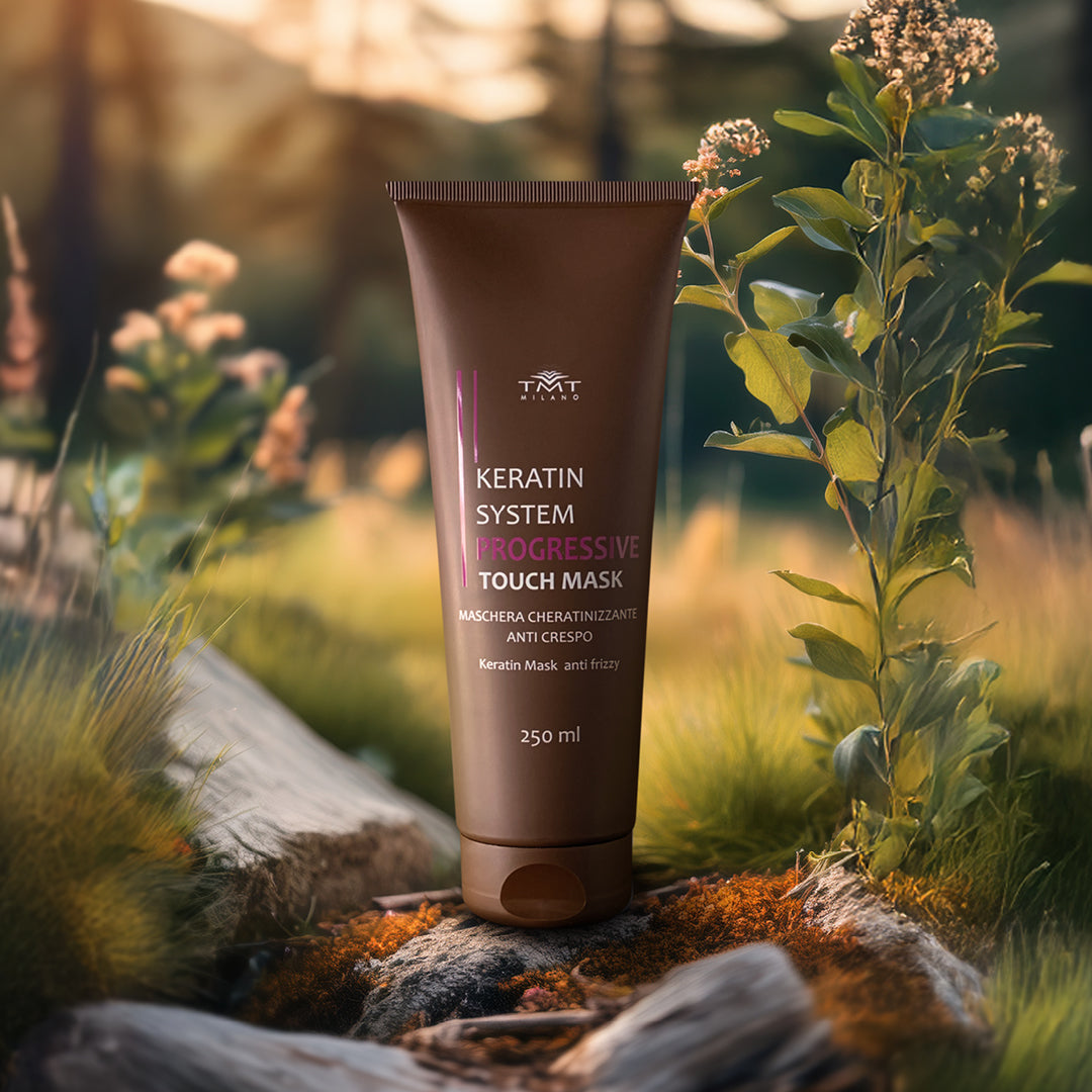 foto della maschera keratinizzante ambientata su sfondo naturale