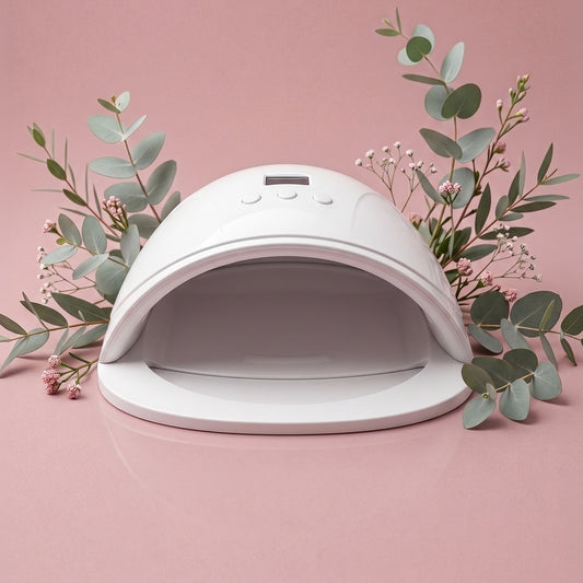 immagine prodotto ambientato su sfondo rosa e circondato da foglie verdi e fiori rosa.